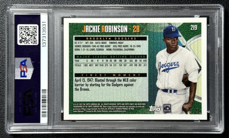 JACKIE ROBINSON PSA 10 2022 TOPPS FINEST FLASHBACKS #219 BLACK REFRACTOR 22/25 view 2
