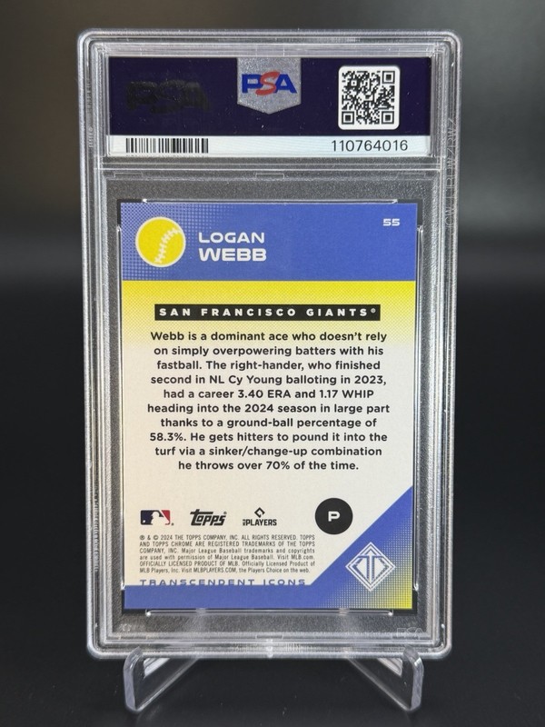 Logan Webb 2024 Topps Transcendent Superfractor 1/1 Icons Chrome PSA 9 Giants view 2