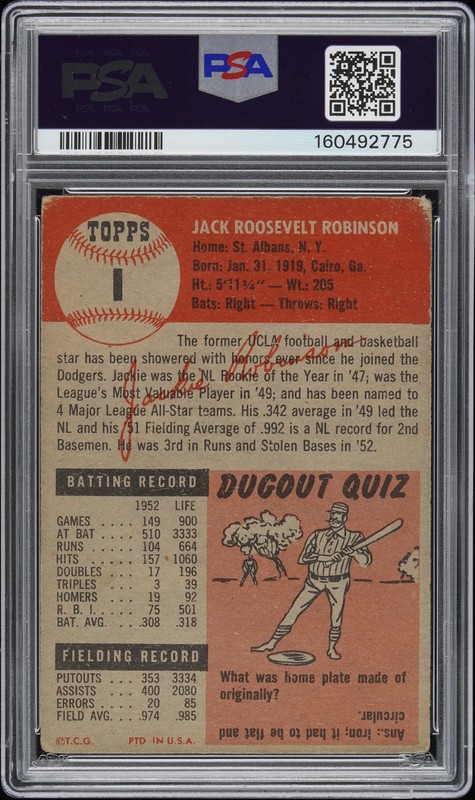 1953 Topps Jackie Robinson #1 PSA 2 view 2