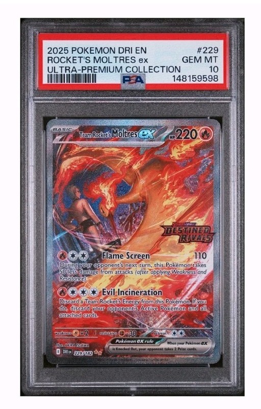 Team Rocket's Moltres ex 229/182 Stamped PSA 10 2025 Pokemon UPC DR Stamp Promo