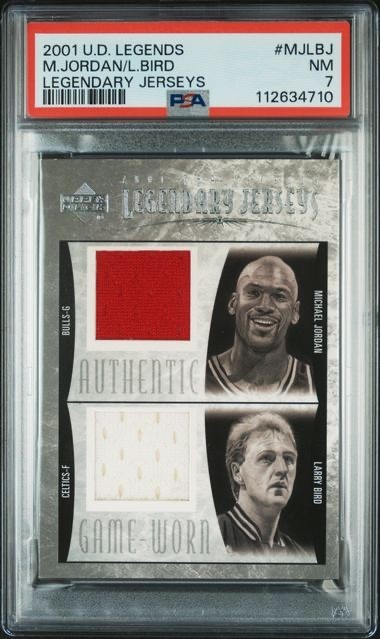 MICHAEL JORDAN BIRD 2001 UD LEGENDS DUAL GAME WORN PATCH PSA 7 NEAR MINT