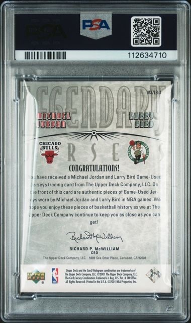 MICHAEL JORDAN BIRD 2001 UD LEGENDS DUAL GAME WORN PATCH PSA 7 NEAR MINT view 2