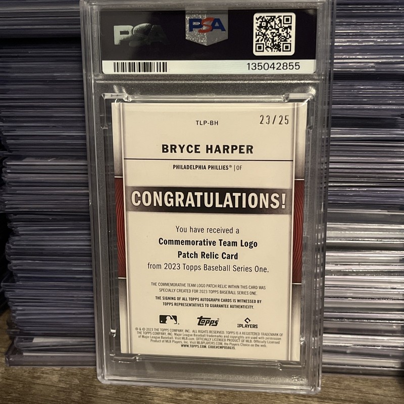 2023 Topps Series 1 Team Logo Patch Auto /25 Bryce Harper #TLP-BH PSA 9 Auto 10 view 2