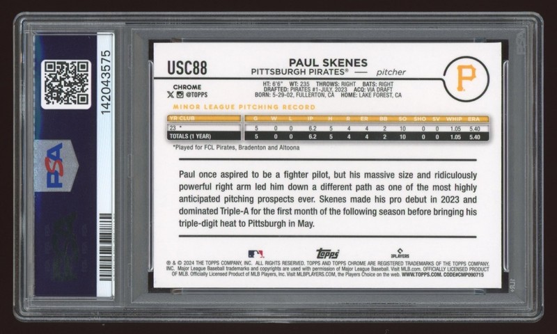 Paul Skenes 2024 Topps Chrome Update RC #USC88 PSA 10 GEM - Pirates view 2