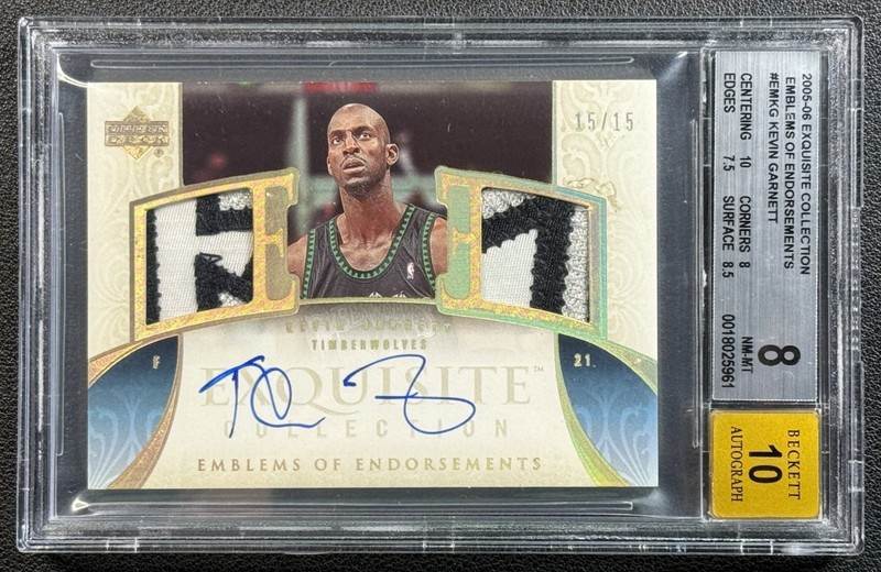 KEVIN GARNETT BGS 8 2005 UD EXQUISITE EMBLEMS OF ENDORSEMENTS PATCH AUTO 15/15