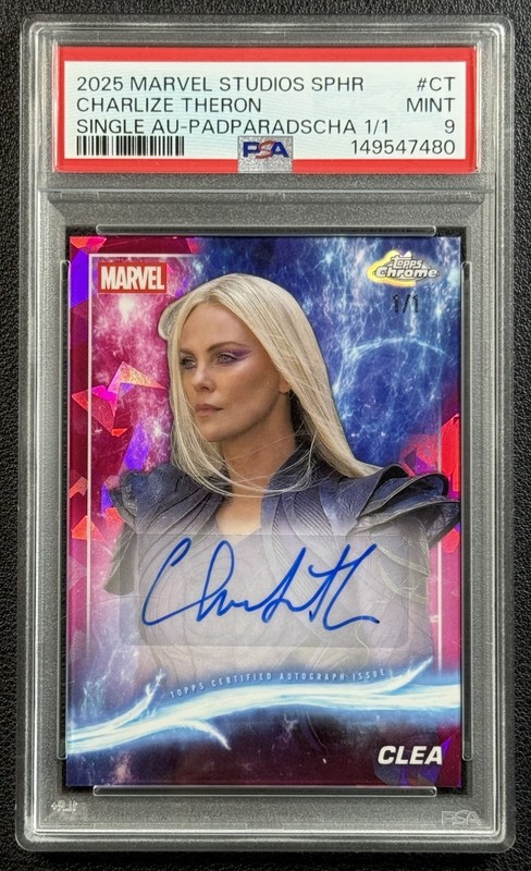 CHARLIZE THERON CLEA PSA 2025 TOPPS CHROME MARVEL SAPPHIRE PADPARADSCHA AUTO 1/1