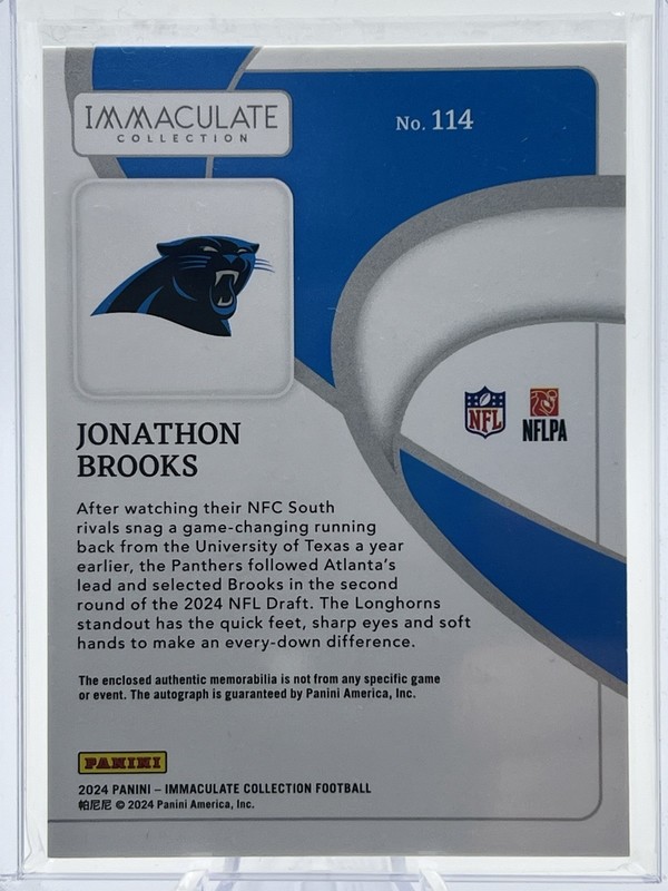 2024 PANINI IMMACULATE JONATHON BROOKS ROOKIE PATCH AUTO /99 RC RPA view 2