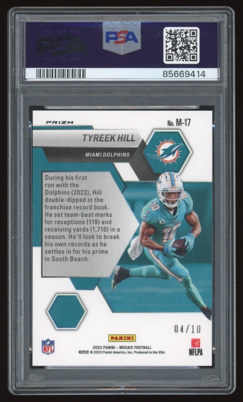 Tyreek Hill 2023 Panini Mosaic Montage Gold /10 #M-17 PSA 10 GEM - Dolphins view 2