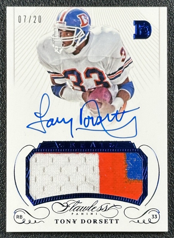 TONY DORSETT 2015 PANINI FLAWLESS GREATS GAME-USED PATCH AUTO BLUE 7/20 BRONCOS