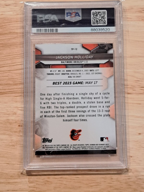2023 Bowman's Best Top Prospects Jackson Holliday #TP-12 PSA 10 GEM MT view 2