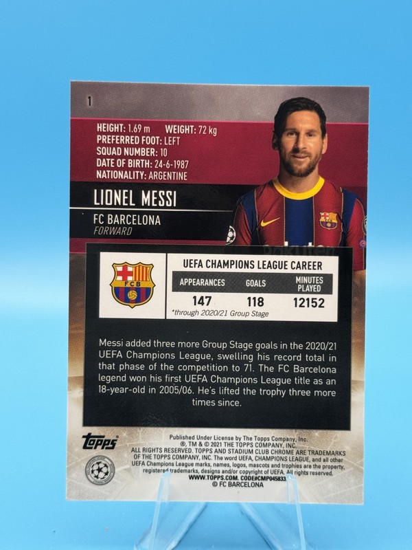 2020-21 Topps Stadium Club Chrome #1 Lionel Messi UEFA Champions League view 2