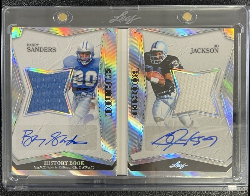 BARRY SANDERS BO JACKSON 2025 LEAF HISTORY BOOK DOUBLE BOOKED JERSEY AUTO 1/1