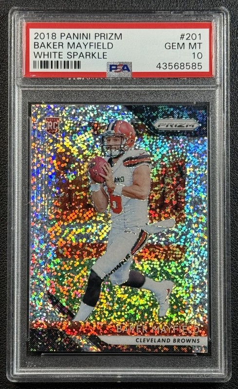 BAKER MAYFIELD PSA 10 2018 PANINI PRIZM #201 WHITE SPARKLE SSP RC POP 8 ROOKIE