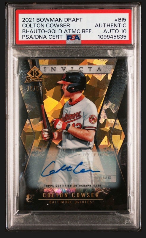 Colton Cowser 1st BI Auto 2021 Bowman Draft Gold Atomic Refr /50 SP Auto PSA 10