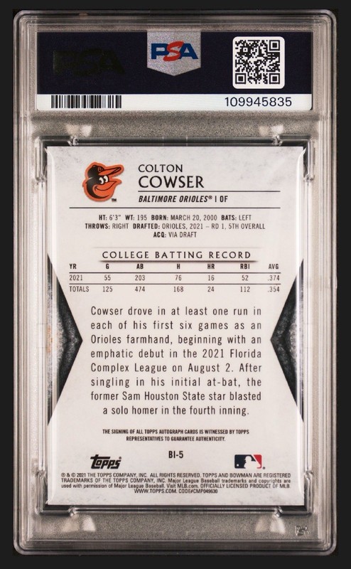 Colton Cowser 1st BI Auto 2021 Bowman Draft Gold Atomic Refr /50 SP Auto PSA 10 view 2