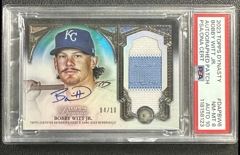 BOBBY WITT JR. PSA 8 2023 TOPPS DYNASTY #DAP-BW6 GAME-USED PATCH 10 AUTO 04/10