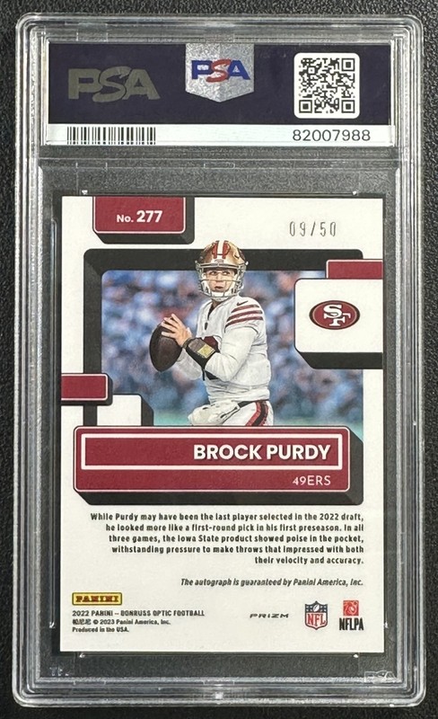 BROCK PURDY PSA 10 2022 DONRUSS OPTIC #277 ROOKIE AUTO PINK VELOCITY RC 9/50 view 2