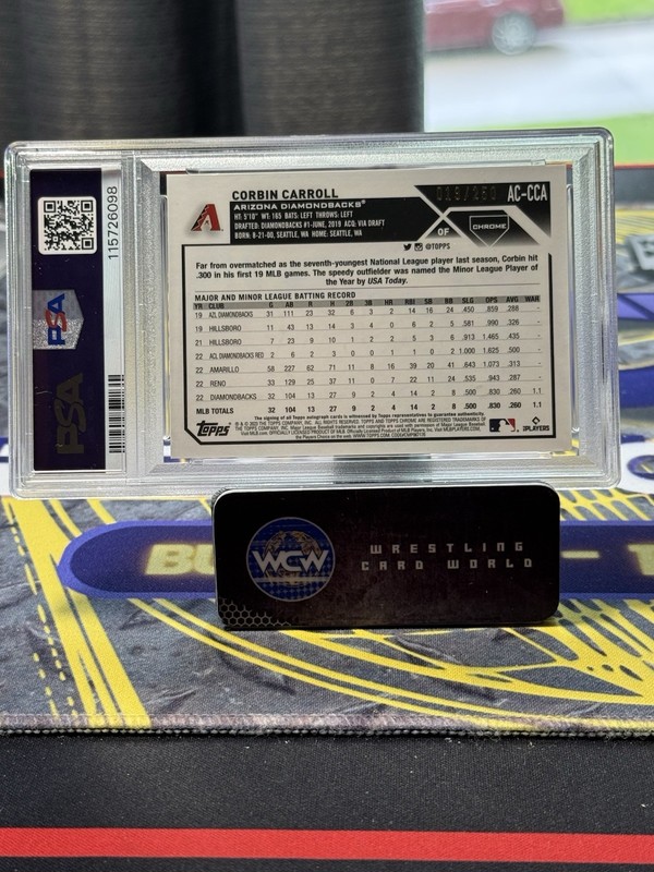 2023 Topps Chrome Update Autographs Corbin Carroll Purple Refractor /250 PSA 9 view 2