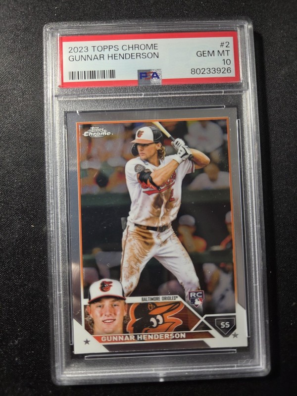 2023 Topps Chrome Gunner Henderson #2 RC Rookie Orioles Batting PSA 10 view 1