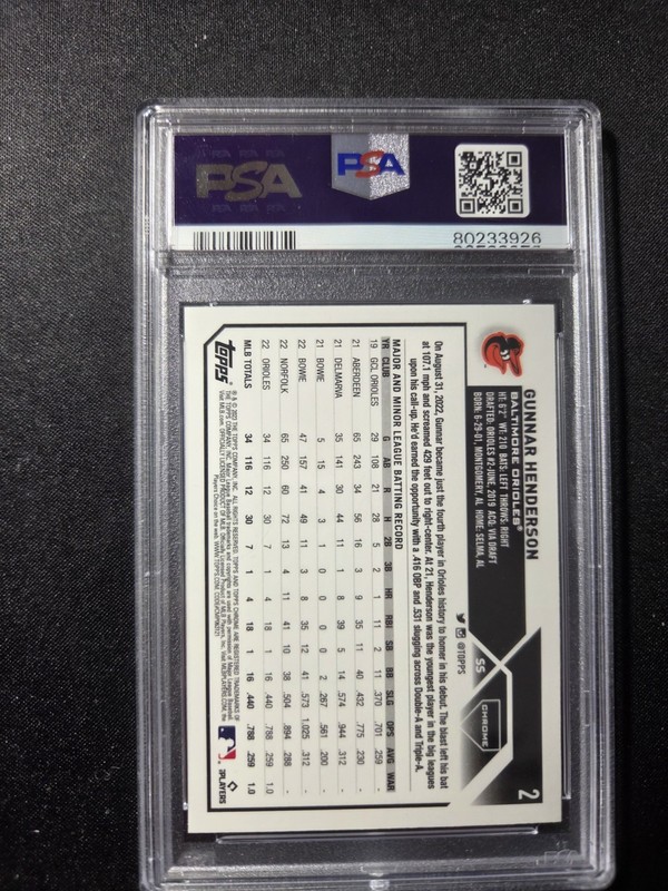 2023 Topps Chrome Gunner Henderson #2 RC Rookie Orioles Batting PSA 10 view 2