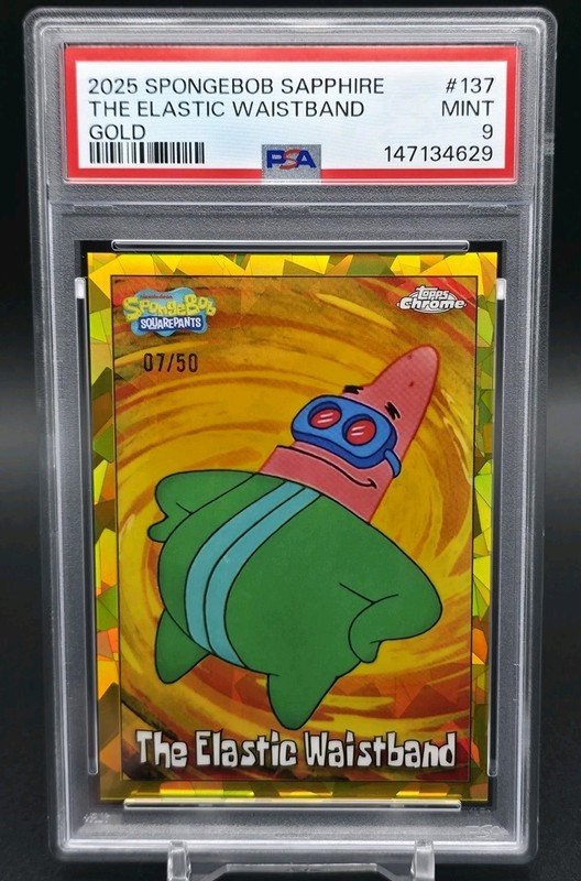 2025 Topps Chrome Sapphire SpongeBob The Elastic Waistband #137 Gold /50 PSA 9