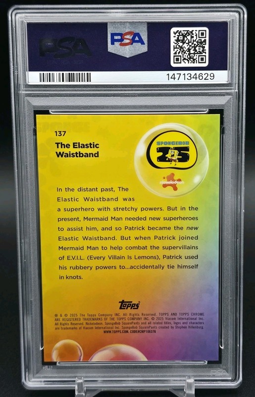 2025 Topps Chrome Sapphire SpongeBob The Elastic Waistband #137 Gold /50 PSA 9 view 2