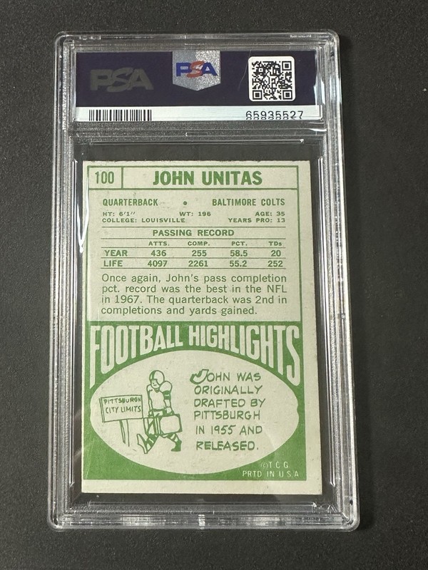 1968 Topps Johnny Unitas 100 PSA 7 view 2