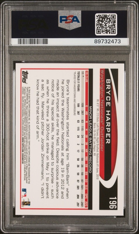 2012 Topps Chrome Rookie Bryce Harper Hitting #196 PSA 9 Rookie RC Nationals view 2