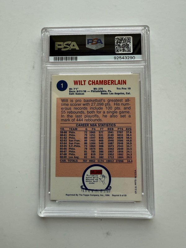 Wilt Chamberlain 1996 Topps NBA Stars 1969 Reprint  PSA 10 Gem Mint Card view 2