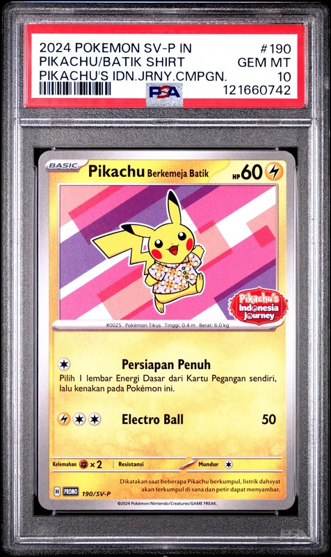 PSA 10 Pikachu In Batik Shirt 190 Pikachu's Indonesia Journey Campaign