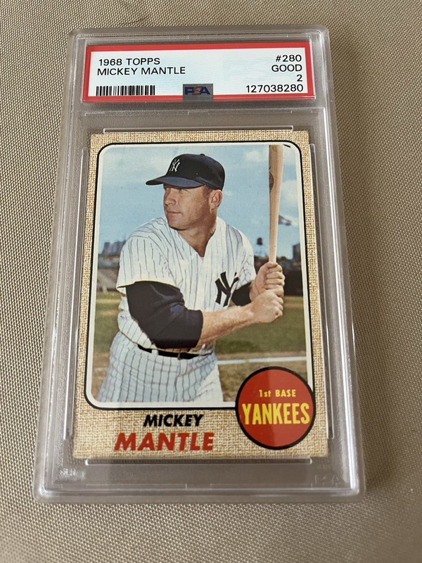 1968 Topps Baseball, Mickey Mantle #280. HOF, NY Yankees, PSA Graded 2