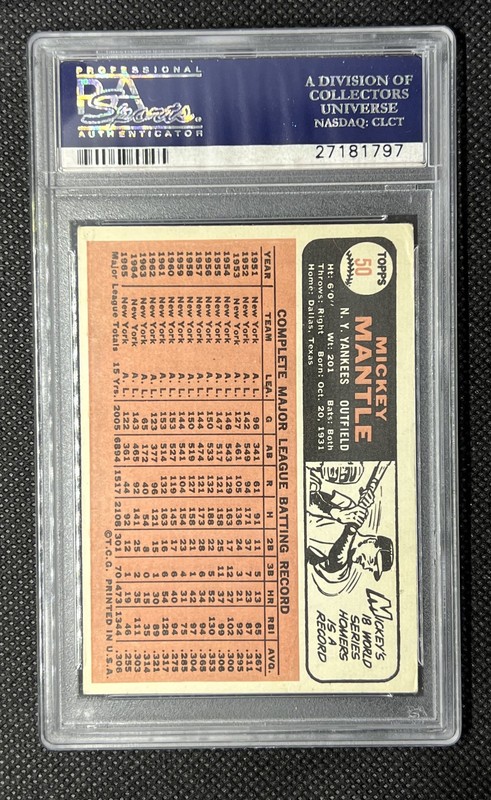 1966 TOPPS #50 MICKEY MANTLE VINTAGE HALL OF FAME NY YANKEES VG PSA 3 view 2