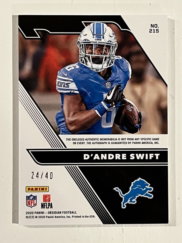 D'Andre Swift 2020 Panini Obsidian Purple RPA 3 Color Patch Auto RC /40 Bears view 2