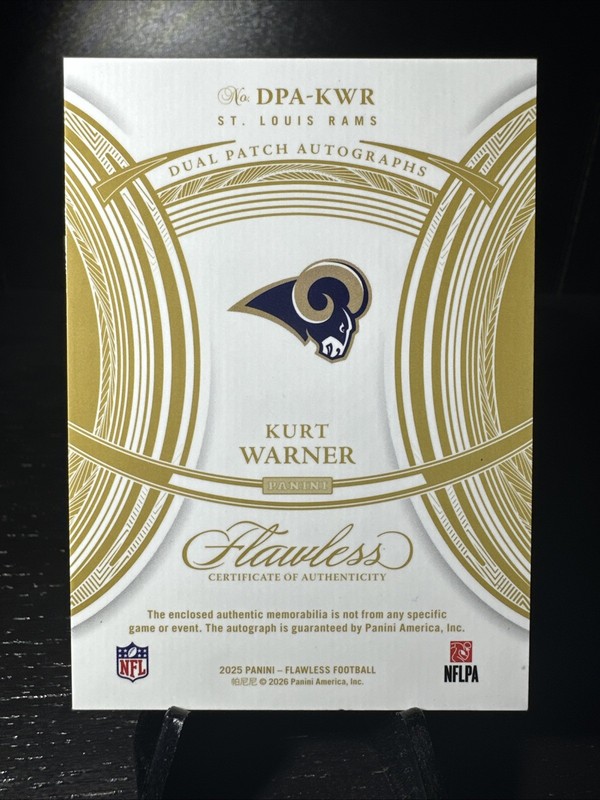 2025 Flawless - Kurt Warner Dual Patch Laundry Tag Auto #DPA-KWR Sapphire /10 view 2