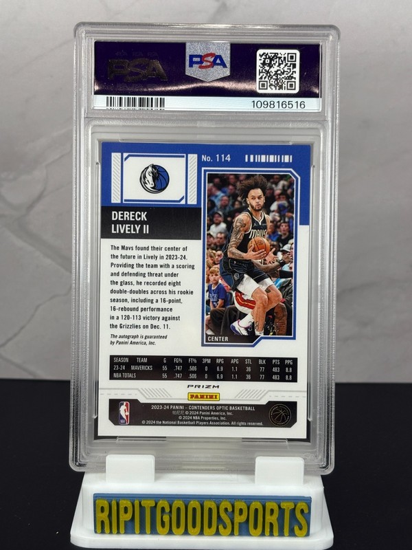 Dereck Lively II 2023 Contenders Optic #114 Rookie Ticket Auto Blue /49 PSA 8 view 2