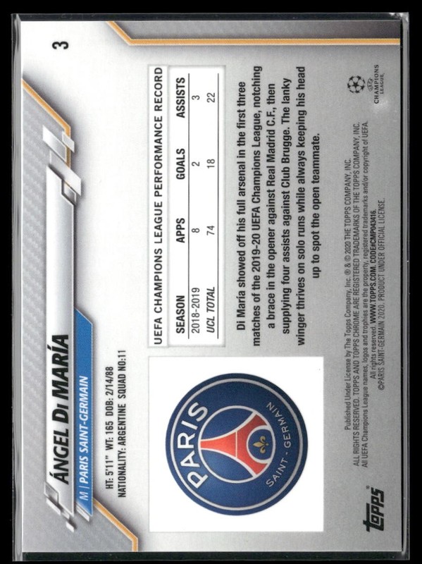 2019-20 Topps Chrome Sapphire Edition UEFA Champions League #3 Ángel Di María view 2