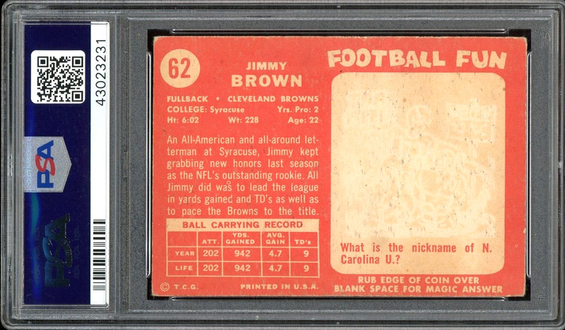 Signed 1958 Topps Jim Brown Rookie Autograph Card HOF #62 - PSA 3 / Auto 10 view 2