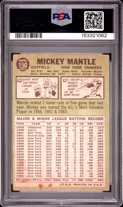 1967 Topps Mickey Mantle #150 PSA 1.5 view 2
