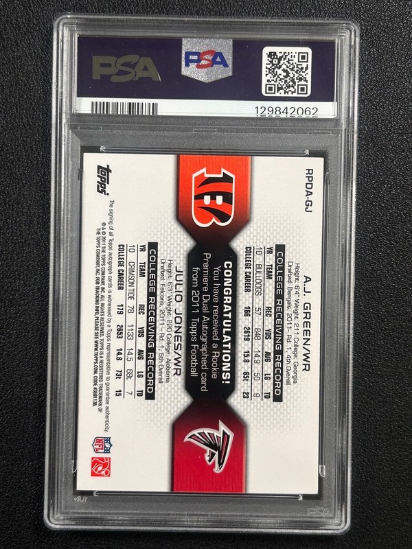 AJ GREEN JULIO JONES PSA 9 2011 TOPPS ROOKIE PREMIERE DUAL AUTO 10/25 view 2