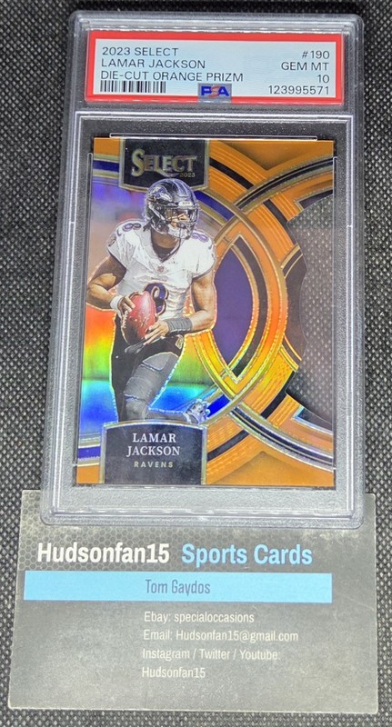 Lamar Jackson 2023 Panini Select #190 Premier Die Cut Orange Prizm /399 PSA 10 view 1