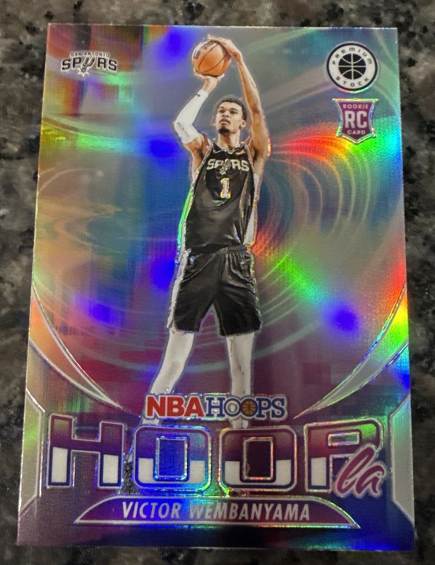 2023-24 NBA Hoops Premium Stock Victor Wembanyama RC Hoopla HOLO Prizm #5 view 2