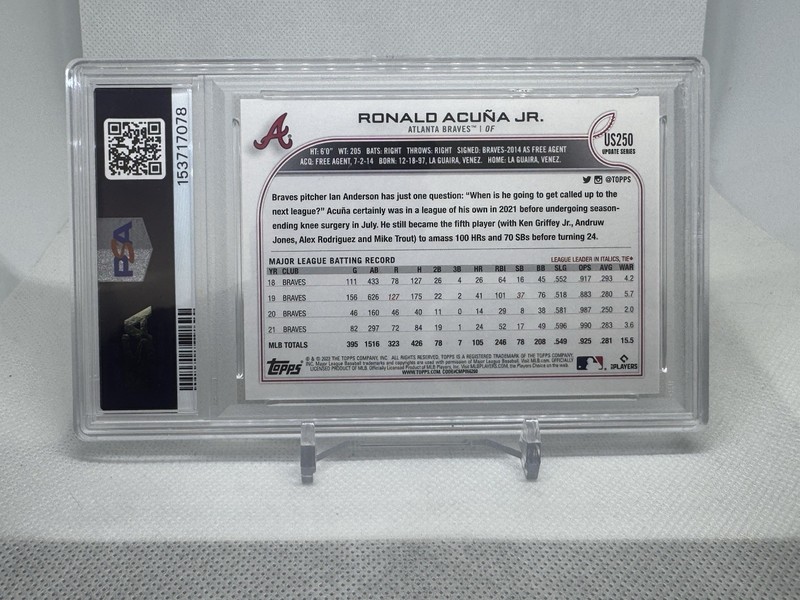 Ronald Acuna Jr. SSP - 2022 Topps Update US250 Image Variation - PSA 10 view 2