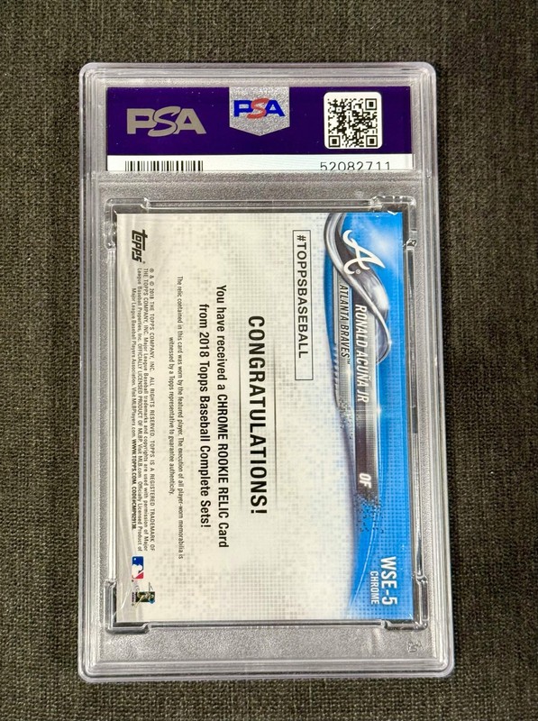 Ronald Acuna Jr. 2018 Topps Complete Set Chrome Rookie Relic #WSE5 PSA 9 view 2