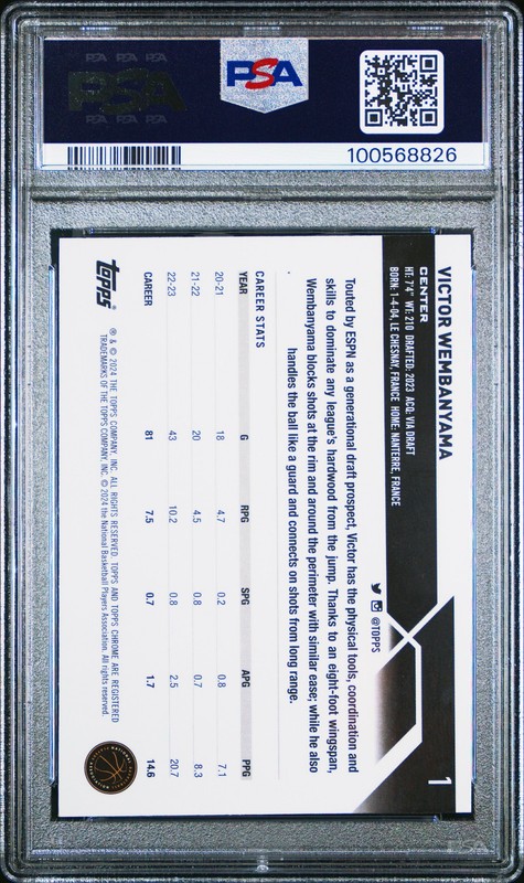 Victor Wembanyama 2023 Topps Chrome #1 PSA 10 Rookie Spurs view 2