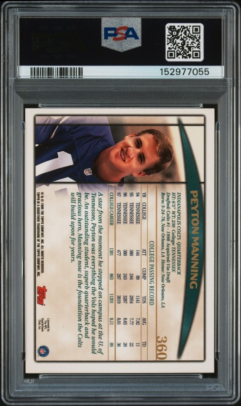 1998 Topps 360 Peyton Manning Colts Rookie Card PSA 8 NM MT view 2