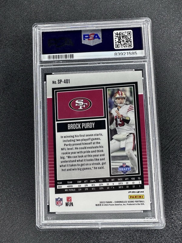 2022 Panini Chronicles - Score Premium RC Brock Purdy #SP-401 Silver Prizm PSA view 2