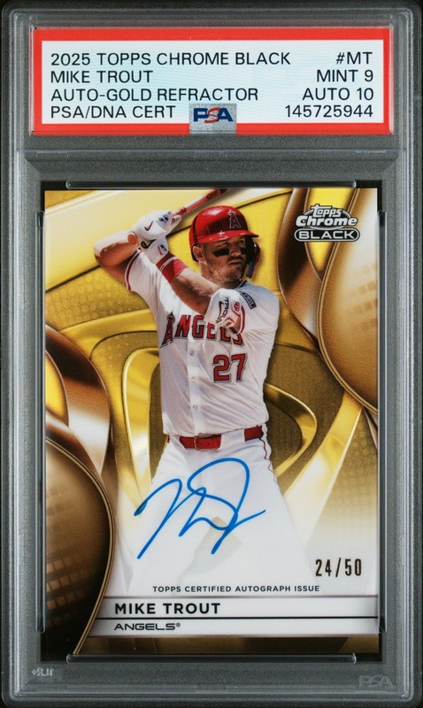 Mike Trout Auto 2025 Topps Chrome Black #CBA-MT Gold Refractor /50 PSA 9