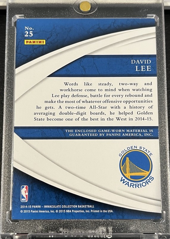 2014-15 David Lee Golden State Warriors Immaculate Champ Game Worn Logoman #1/3 view 2
