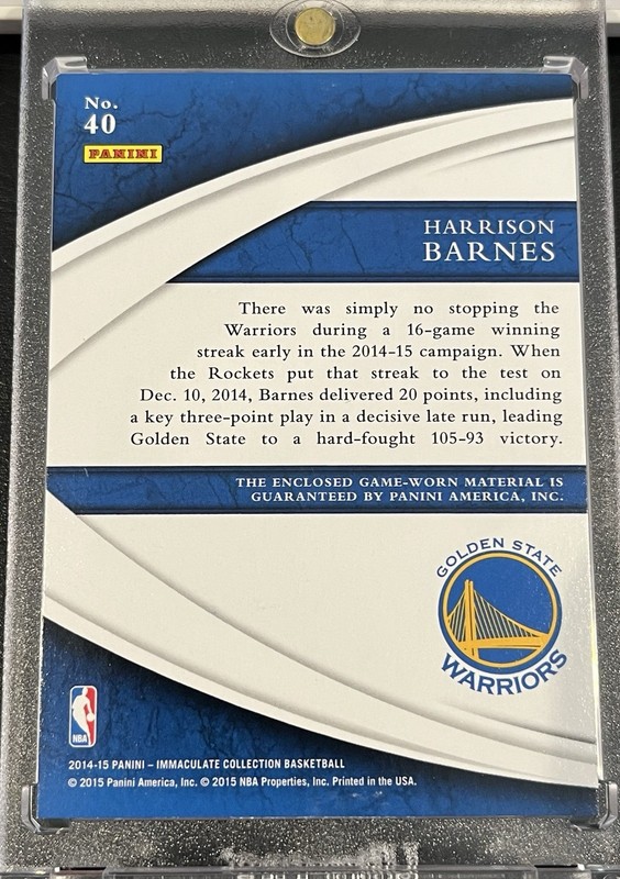 2014-15 Harrison Barnes Golden State Warriors Immaculate Game Worn Logoman #/3 view 2