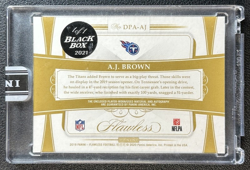AJ BROWN 2019 PANINI FLAWLESS ROOKIE DUAL PATCH AUTO BLUE 2021 BLACKBOX 1/1 view 2